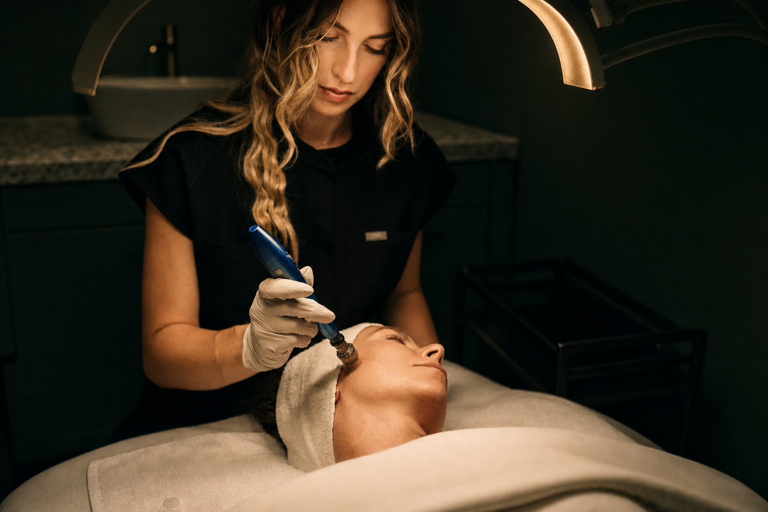 Aesthetic provider performing regenerative facial treatment with microneedling device in Austin med spa.