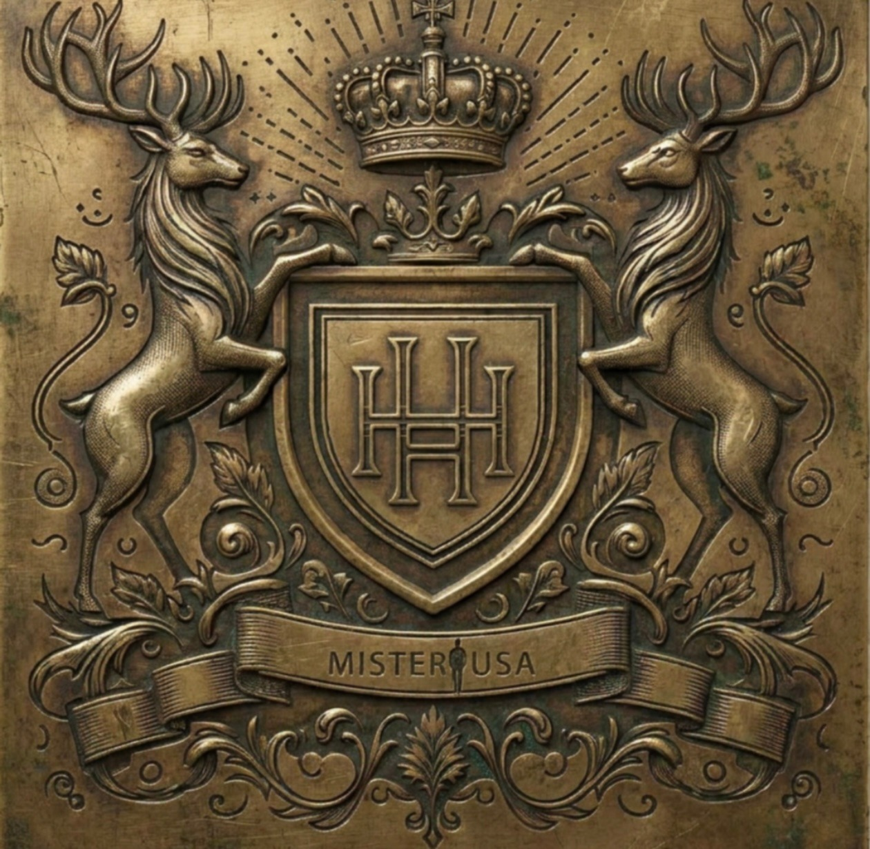 Vintage-style crest with deer, crown, and Hunt & Harbor initials.