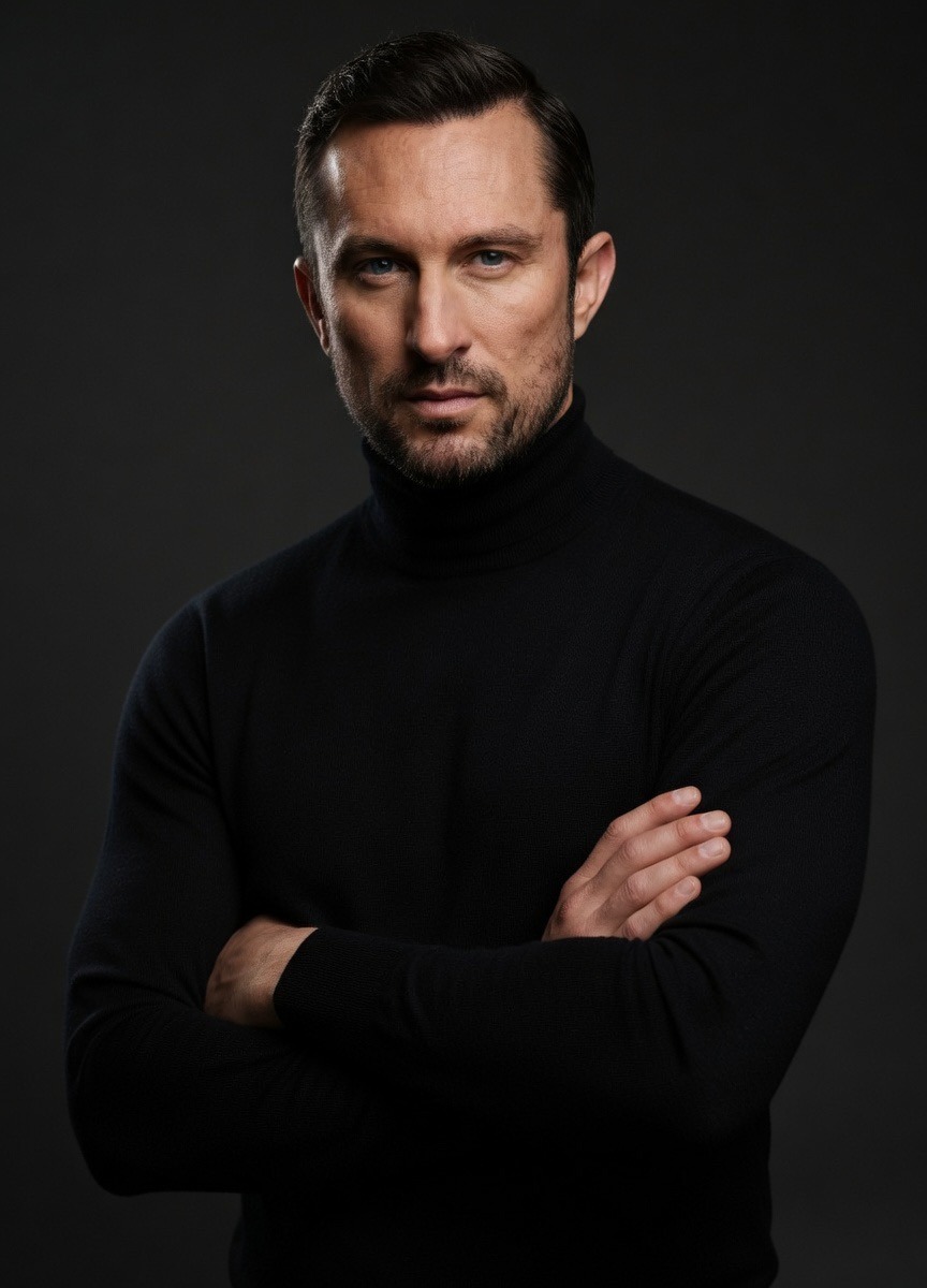 A man in a black turtleneck sweater with arms crossed, against a dark background.
