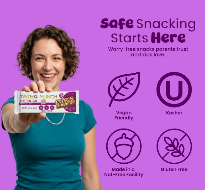 Woman holding Taiyo Munch protein bar highlighting vegan, kosher, allergen-free, and gluten-free benefits.