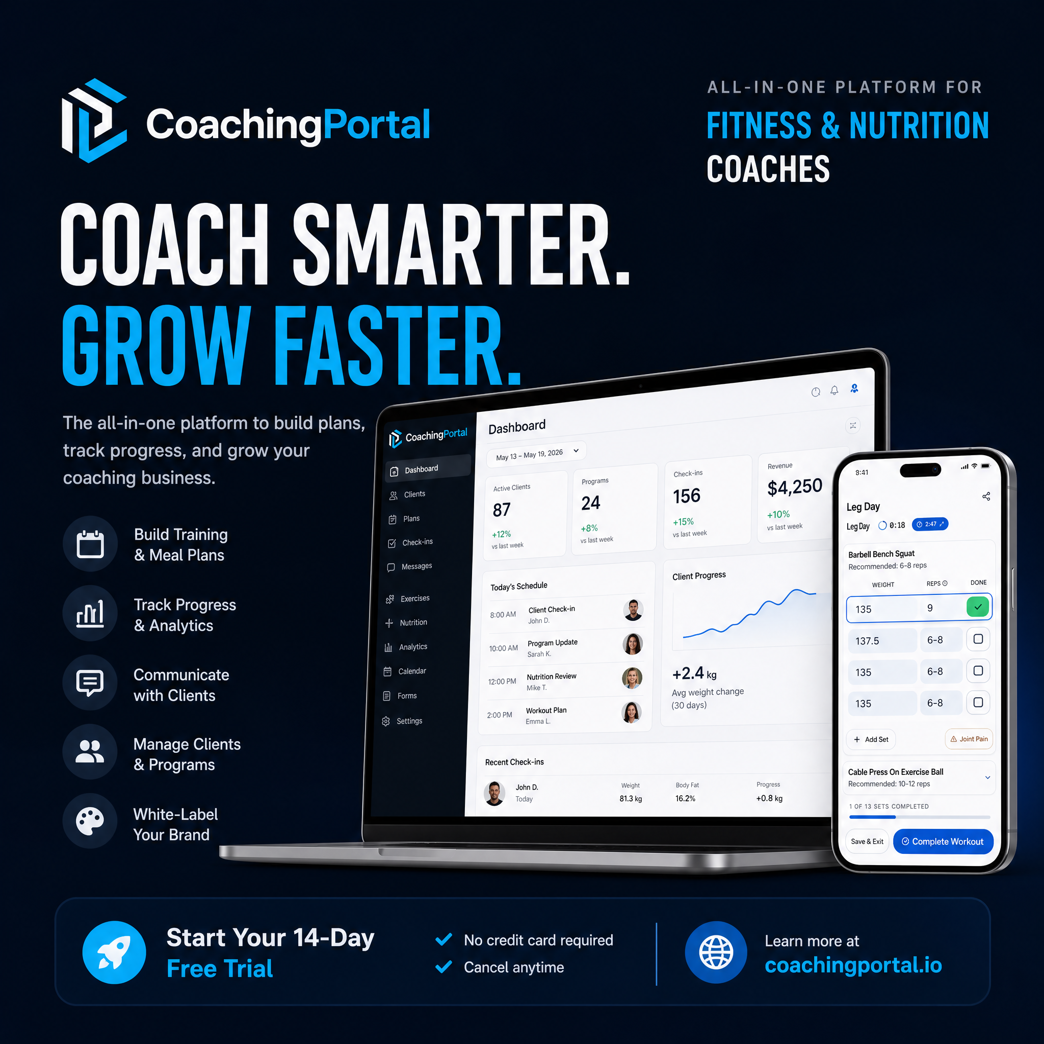 CoachingPortal dashboard for fitness coaches with client management and progress tracking tools.