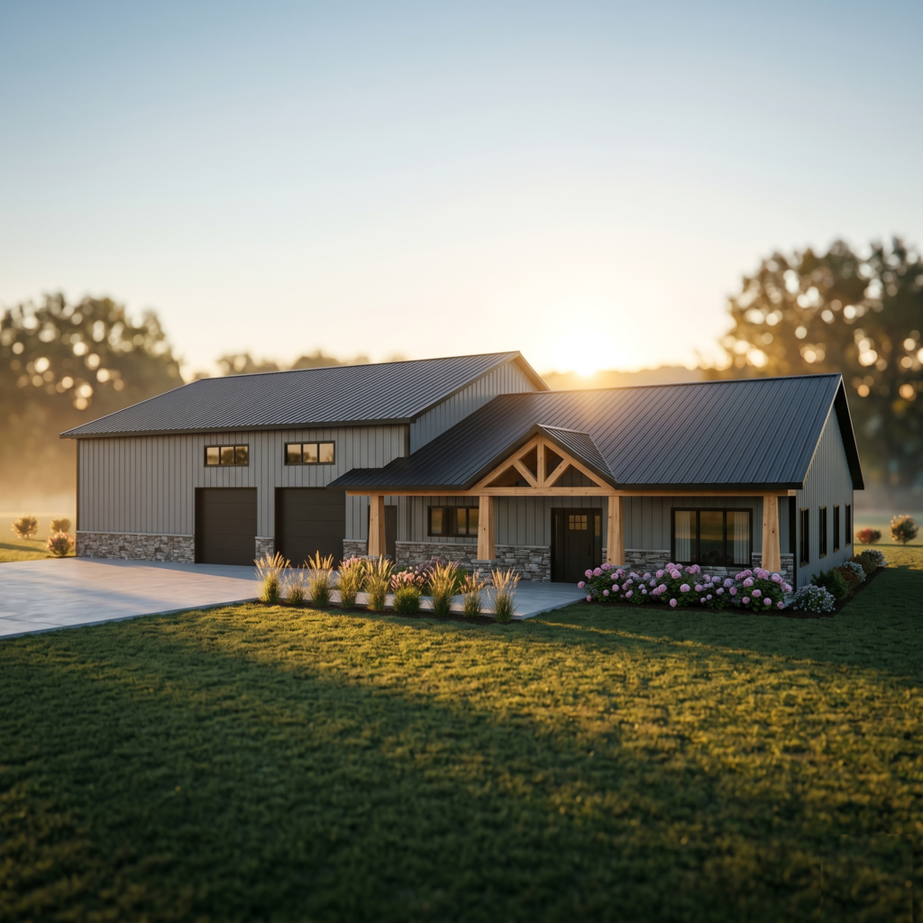 “Modern barndominium-style homestead shell with large garage and energy-efficient engineered construction at sunrise.”