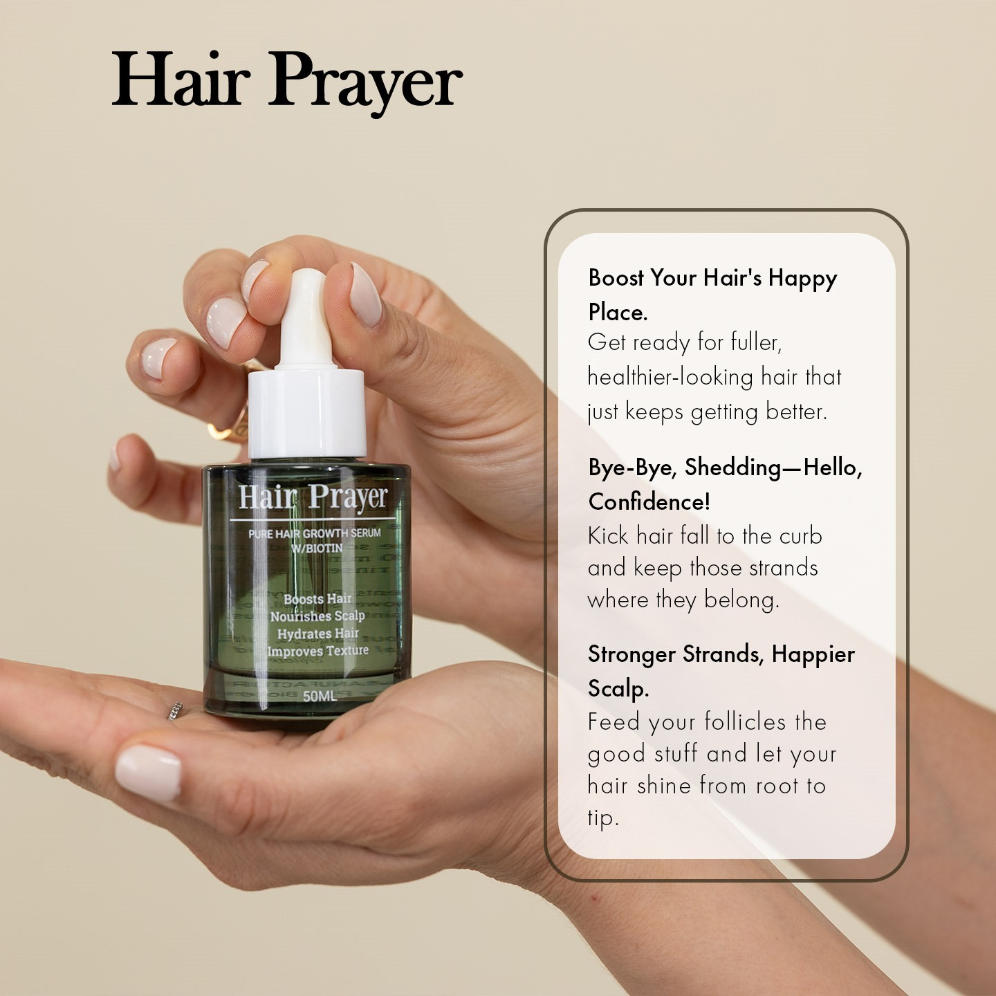 Hand holding Hair Prayer hair growth serum with confidence-boosting hair wellness message.