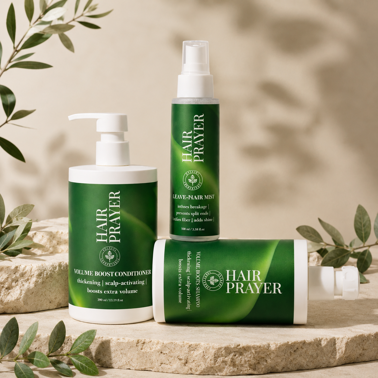 Hair Prayer shampoo, conditioner, and leave-in mist displayed with botanical-inspired packaging.