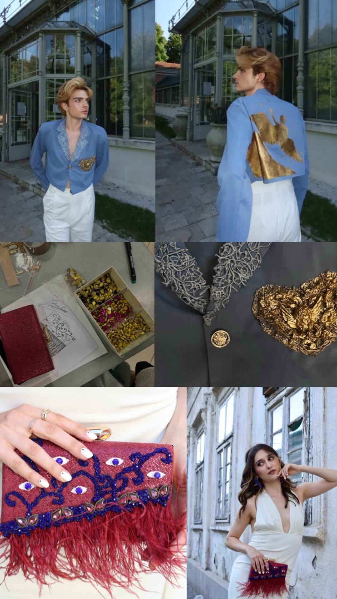 Collage of Jelena Kulic’s couture designs featuring a blue embellished jacket, handcrafted details, and an artistic beaded clutch.