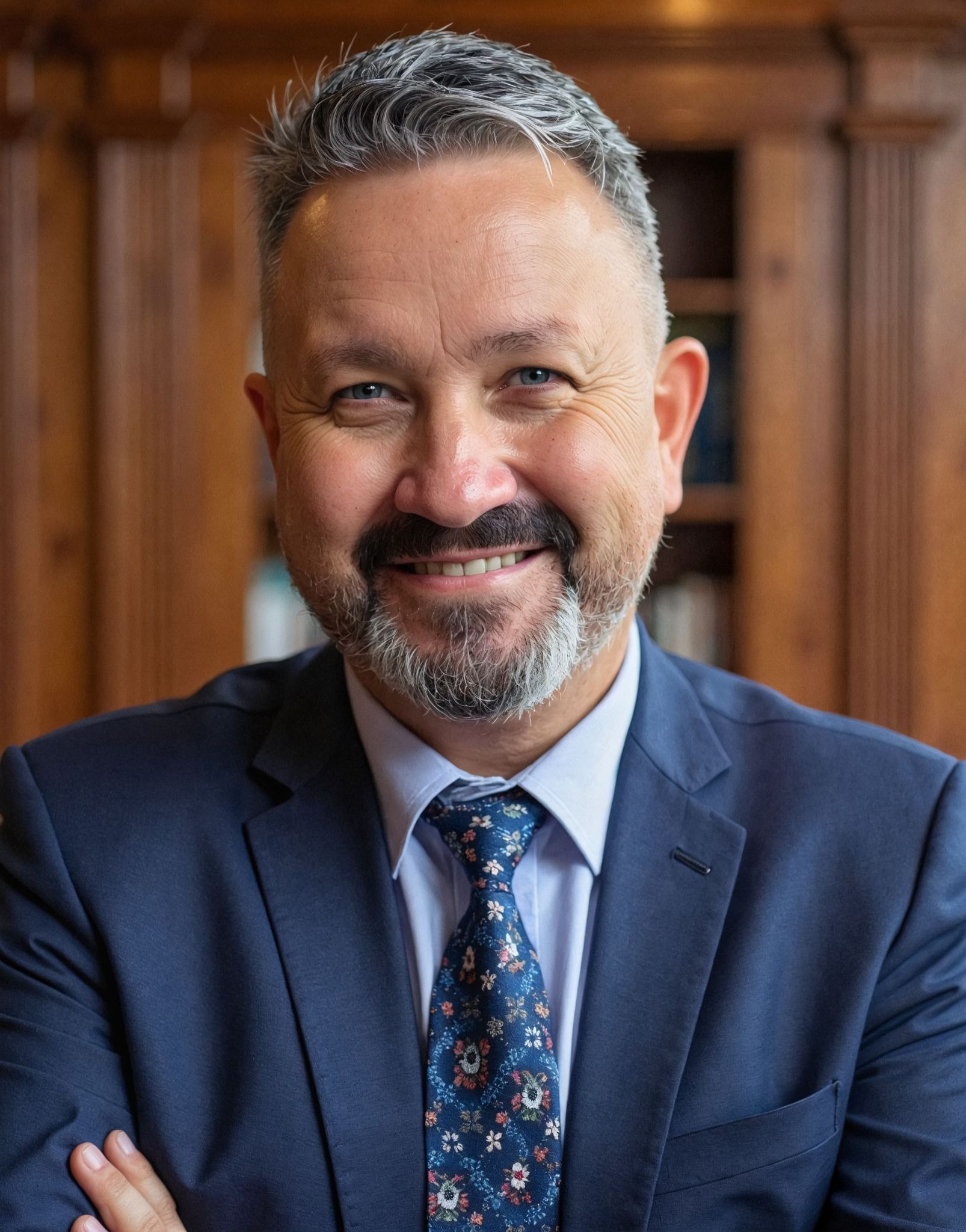 Robert Holmes-Chapman smiling in suit and floral tie, director of The Ivybridge Collection.