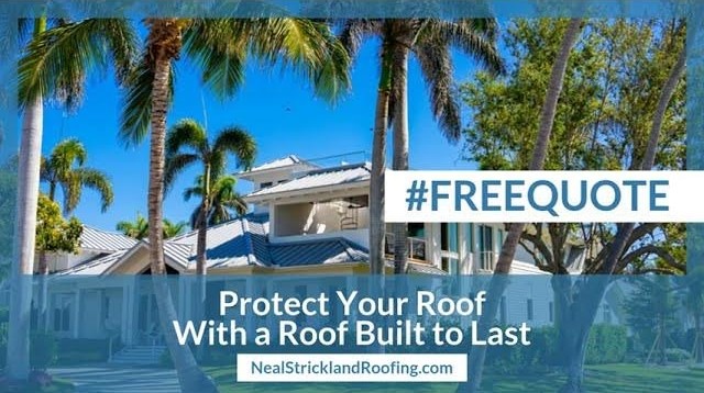 Florida home surrounded by palm trees with roofing advertisement promoting durable roof installation and free quote.