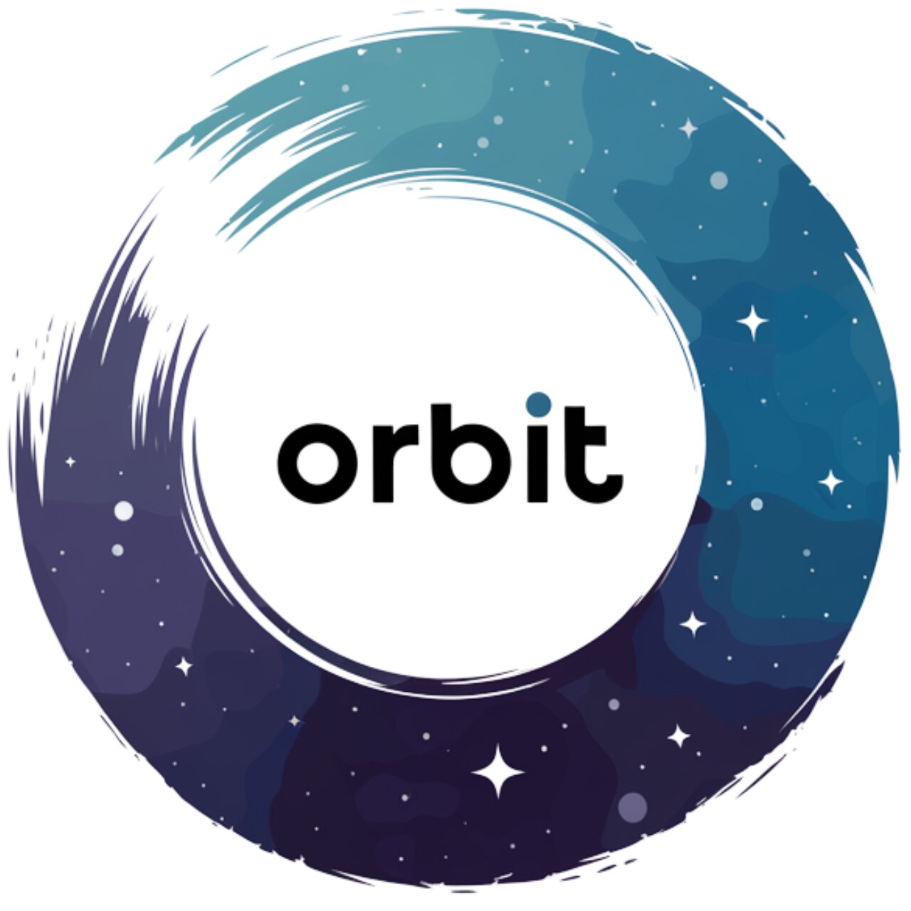 Orbit Capital logo encircled by a blue and purple starry brushstroke ring.