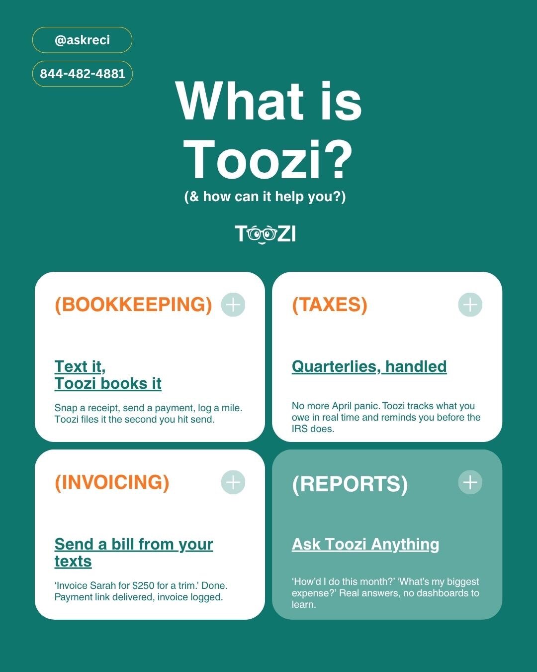 Toozi overview graphic highlighting bookkeeping, taxes, invoicing, and reporting features managed through text messaging.