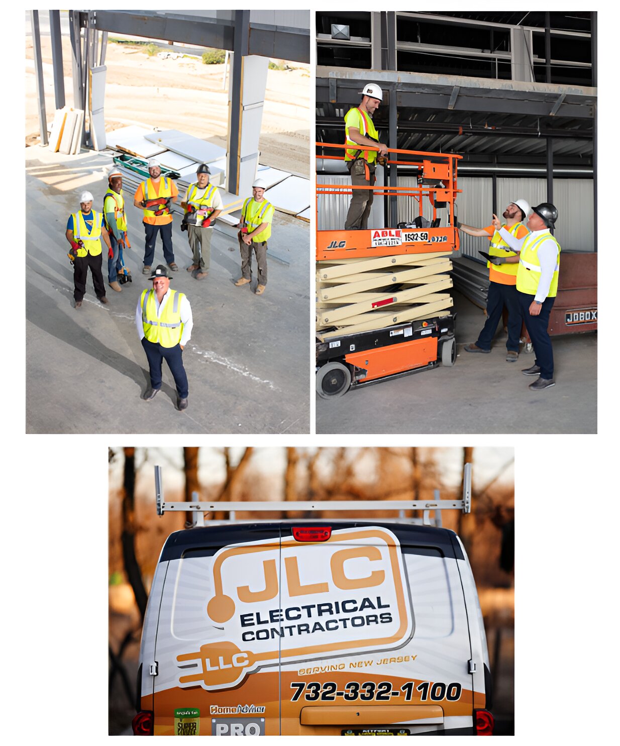 Construction team at commercial job site with JLC electricians reviewing work and safety procedures.