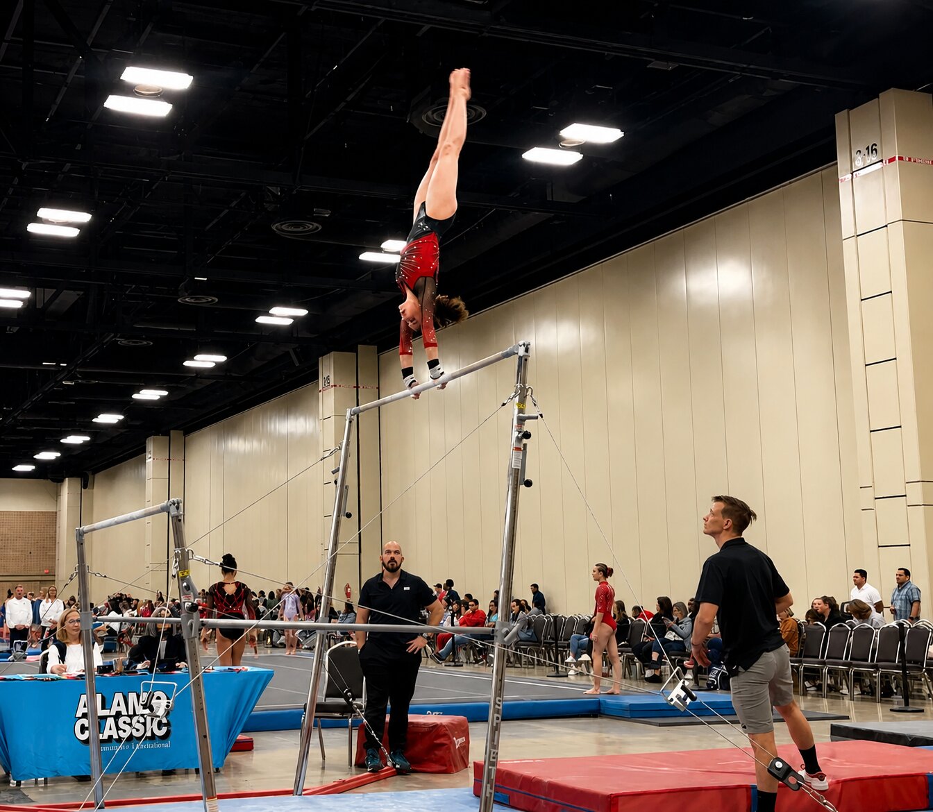 Gymnast performs a handstand on uneven bars during competition, demonstrating focus, strength, and precision under pressure.
