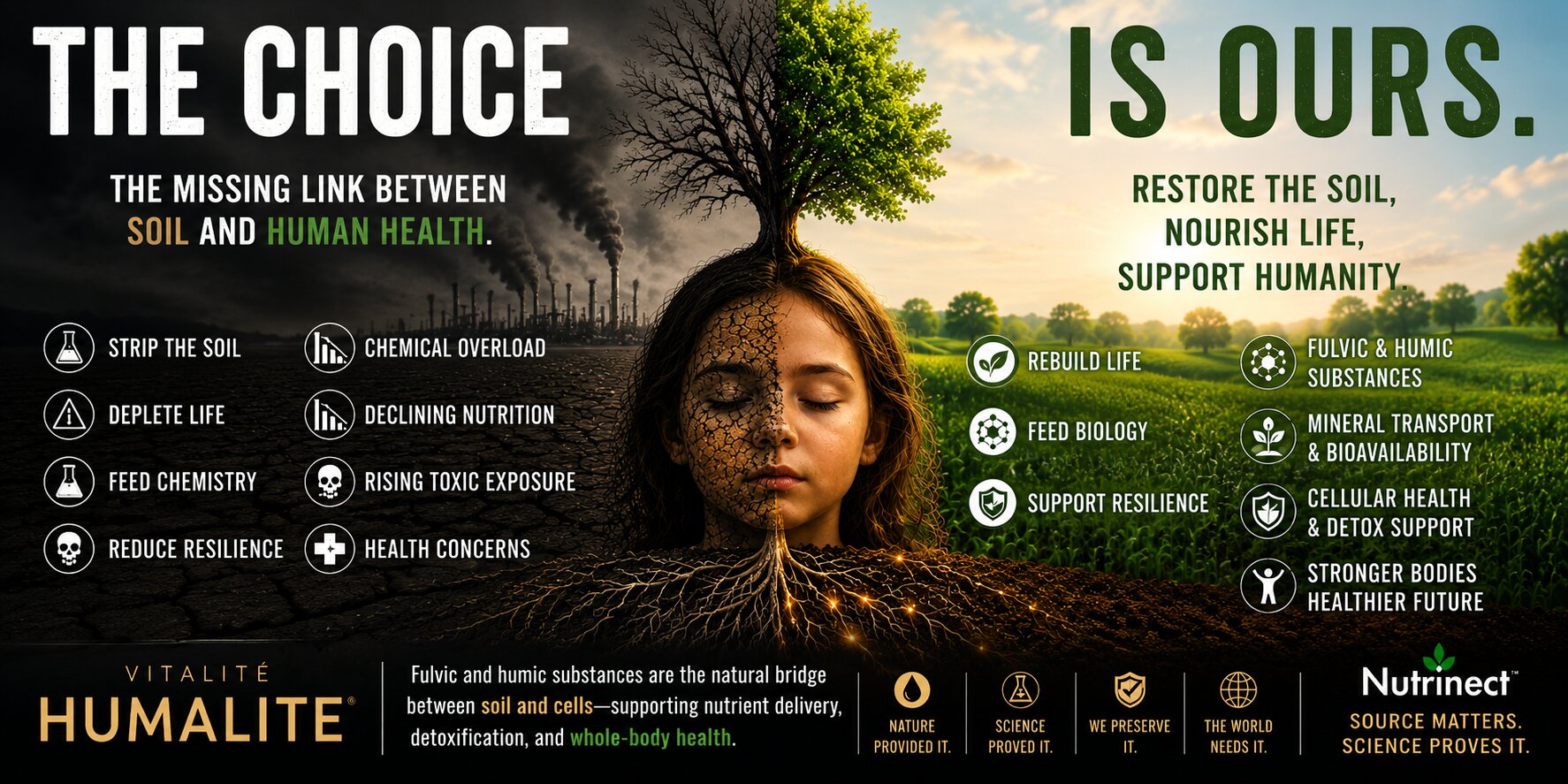 Split image of polluted versus thriving farmland around a child, illustrating soil health’s connection to human wellness.