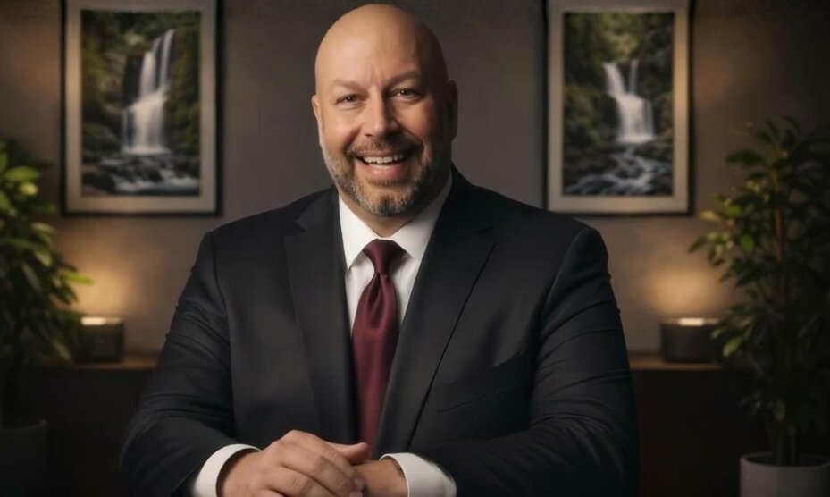 Heiko Gärtner smiling in suit, seated in office with waterfall artwork, discussing personal transformation and cancer mentorship.