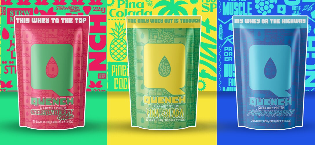 QWENCH clear whey protein pouches in Strawberry Melon, Pina Colada, and Blue Razzberry flavors.