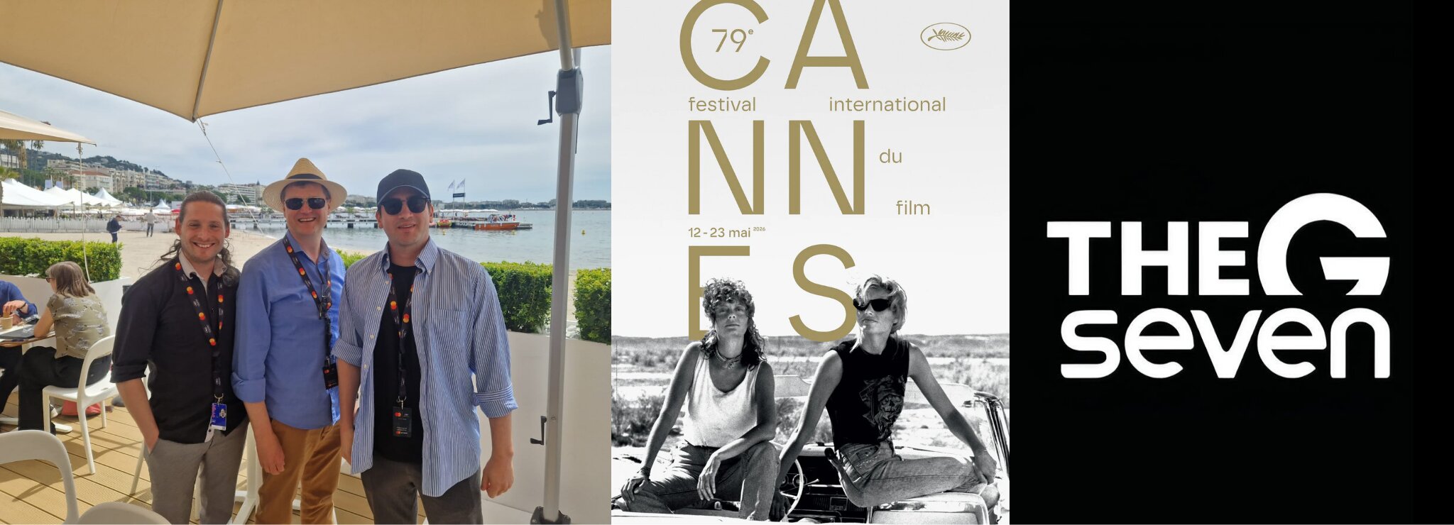 Three film industry attendees at Cannes waterfront beside Cannes Film Festival and The G7seven branding.