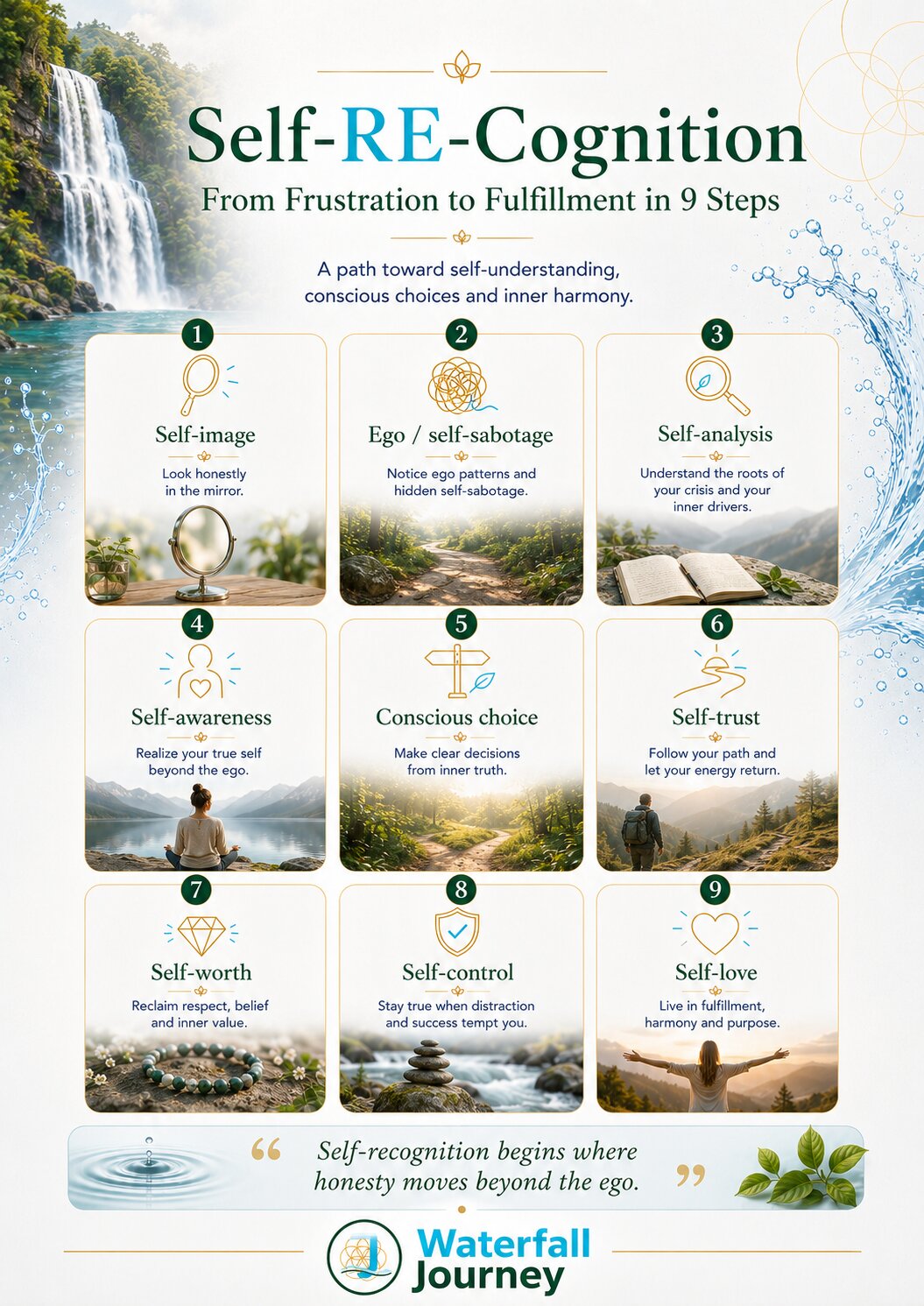 Self-Recognition infographic showing nine steps from self-image to self-love on a personal growth journey.