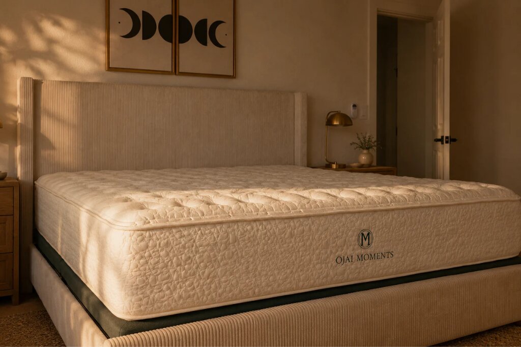 Handcrafted Ojai Moments luxury mattress displayed in a warmly lit bedroom, showcasing resort-quality comfort and craftsmanship.