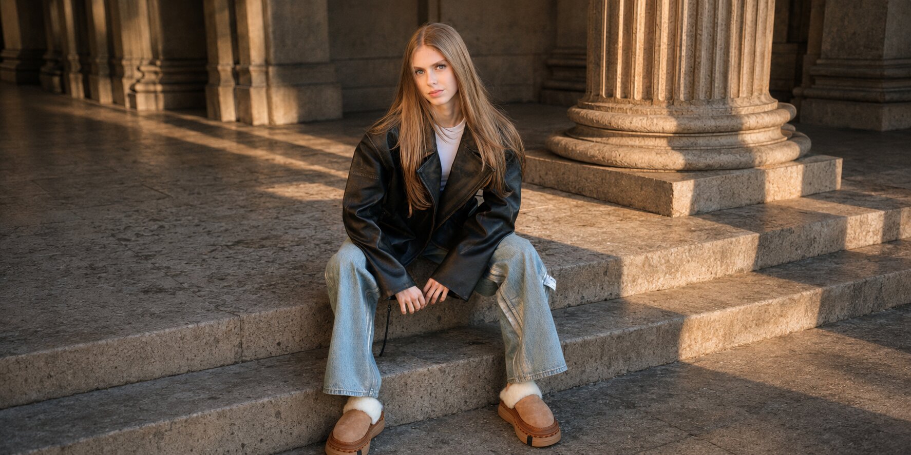 Young woman in black leather jacket and jeans sits on stone steps outside a grand columned building at golden hour.