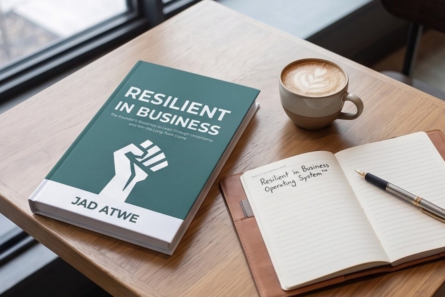 Book Resilient in Business beside a notebook, pen, and coffee on a wooden table.
