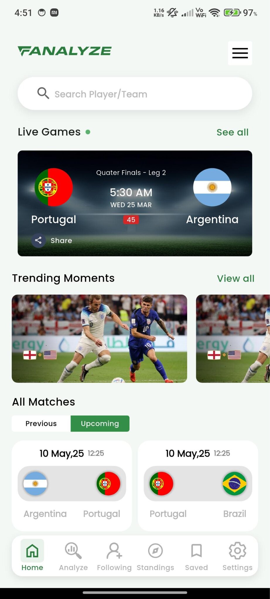 Fanalyze app home screen showing live matches, trending moments, and upcoming football fixtures with AI-powered sports insights.