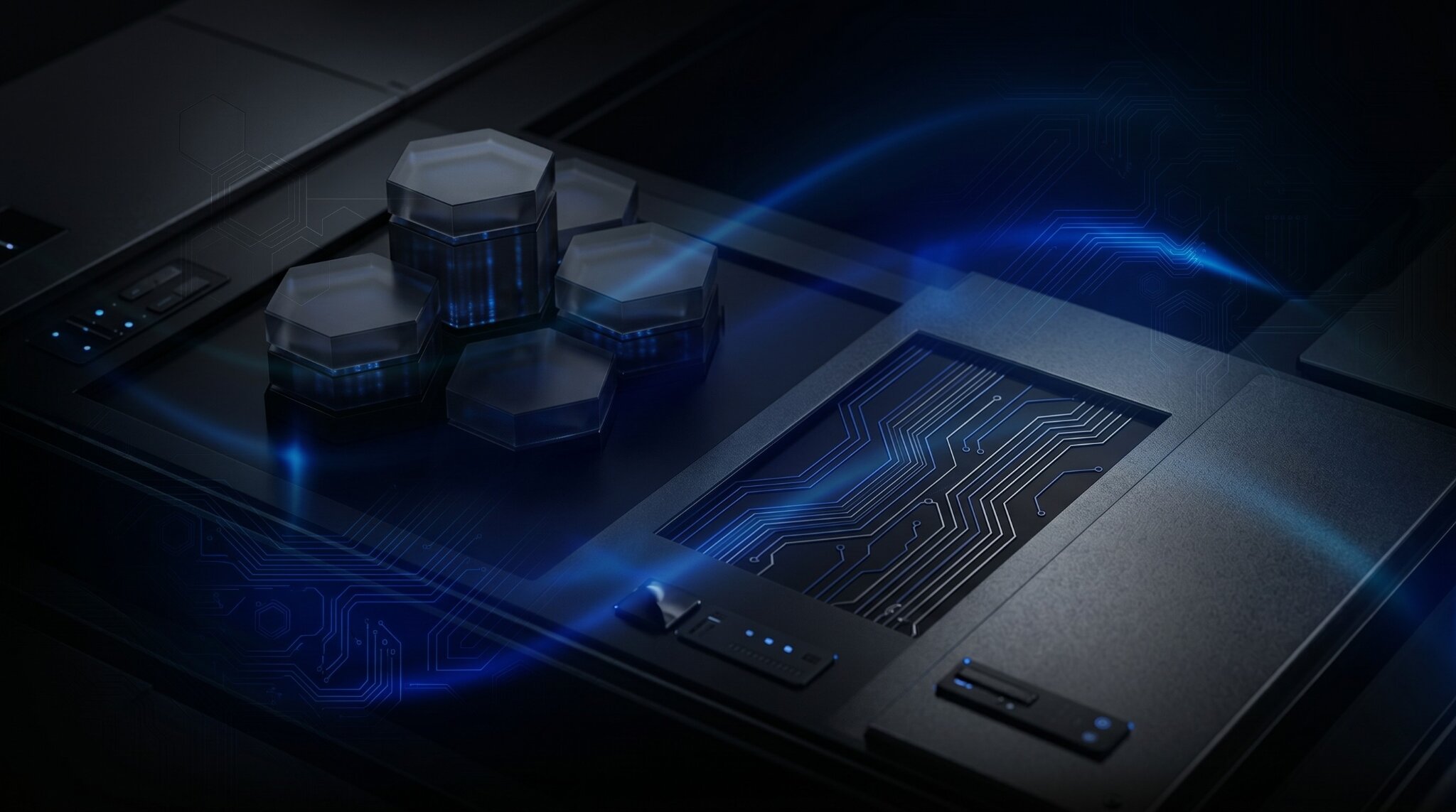 Futuristic circuit board with glowing blue technology elements, representing AI-powered digital marketing and innovation.