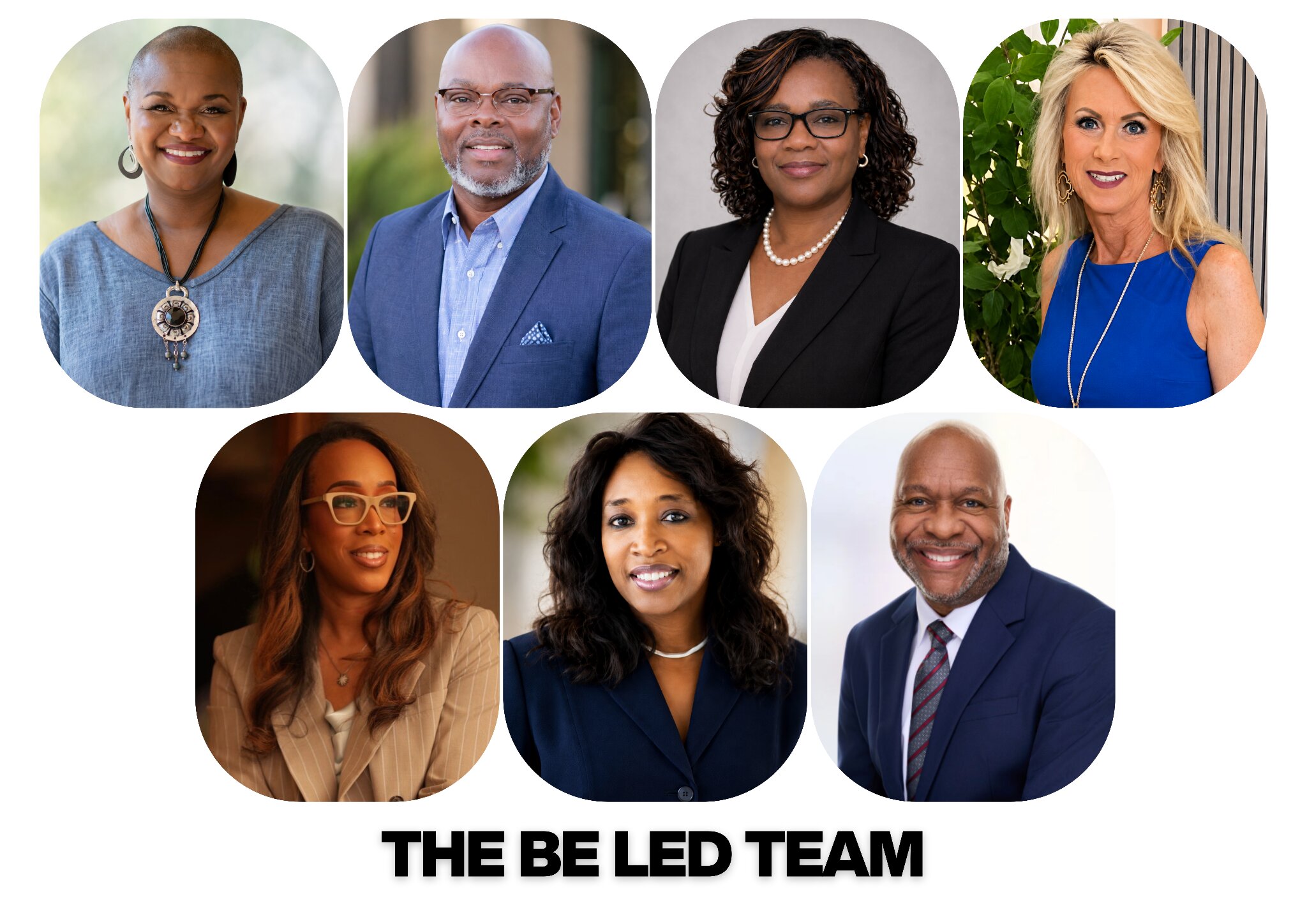 Portrait collage of The BE LED Group leadership team featuring seven professionally dressed team members.