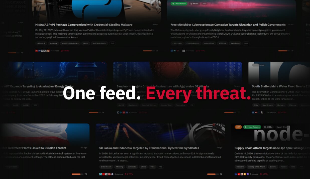 ThreatCluster dashboard displaying clustered cybersecurity incidents with slogan “One feed. Every threat.”