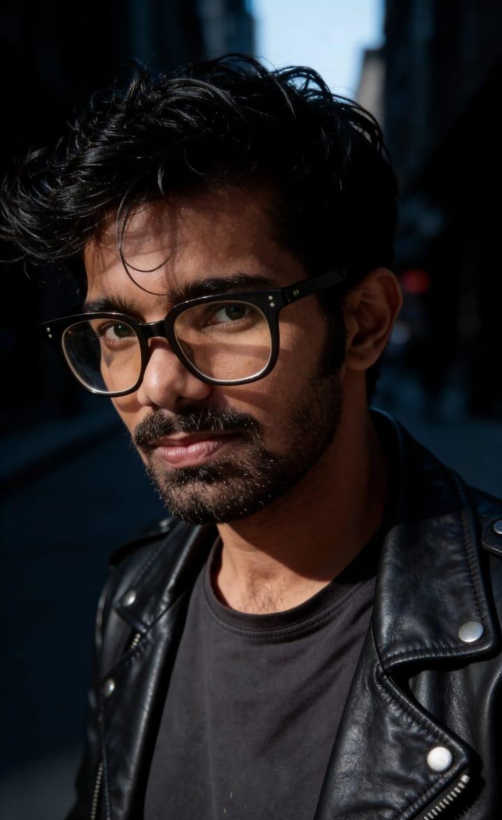 A man wearing glasses and a black leather jacket, representing a modern, stylish approach to vegan beauty.