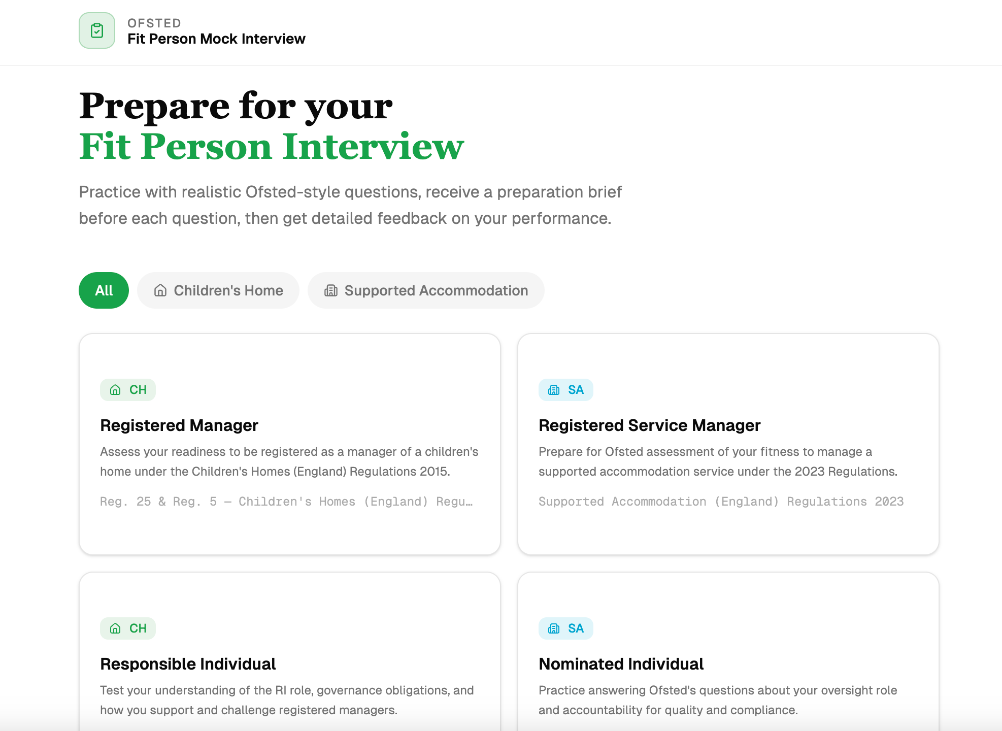 Kervah Ofsted Fit Person Mock Interview dashboard with role-based assessment options.
