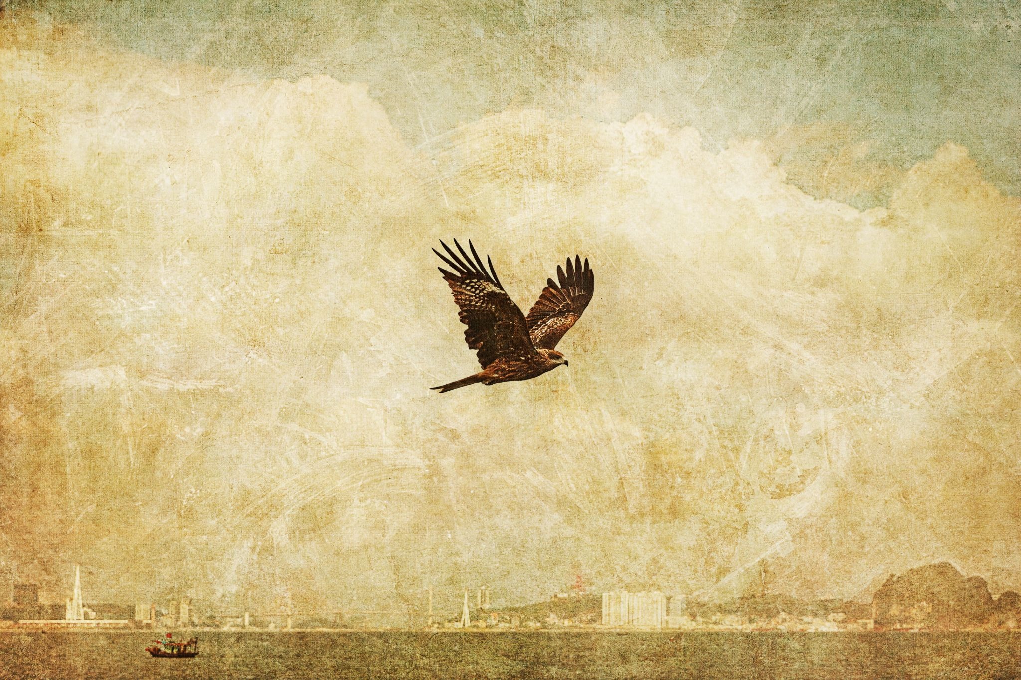 Bird soaring above a coastal skyline beneath textured clouds, symbolizing freedom and reflection.