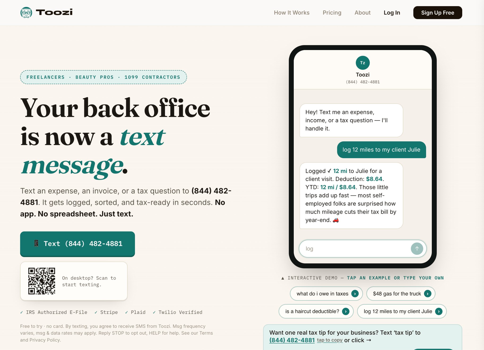 Toozi homepage showing SMS-based bookkeeping platform with interactive text conversation and business expense tracking.