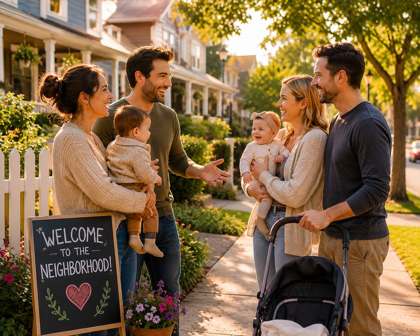 Families meet outside homes beside a welcome sign, highlighting neighborly connections in a residential community.