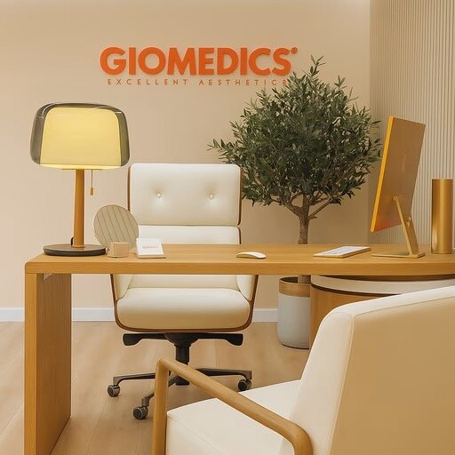 Modern GIOMEDICS® clinic office with minimalist design, wooden furnishings, and patient consultation workspace.