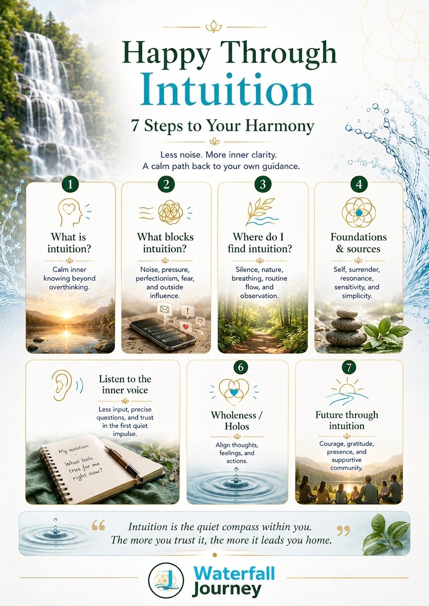 Happy Through Intuition infographic outlining seven steps to inner clarity, trust, and harmony.