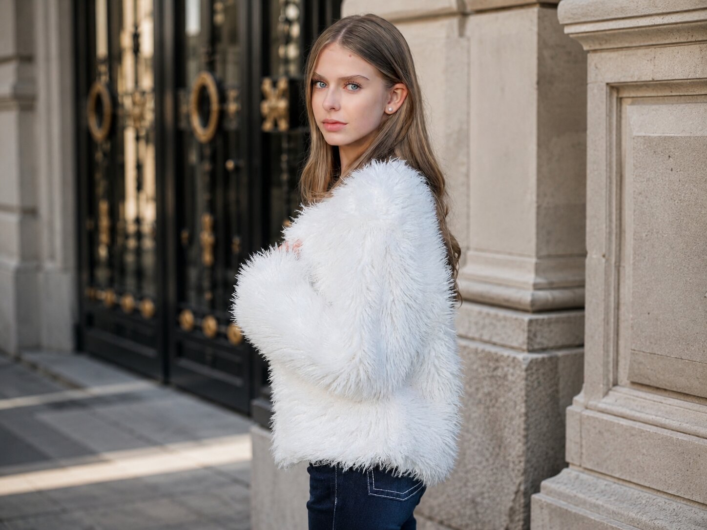 Young woman wearing a white fuzzy jacket stands beside an ornate stone entrance, looking over her shoulder.