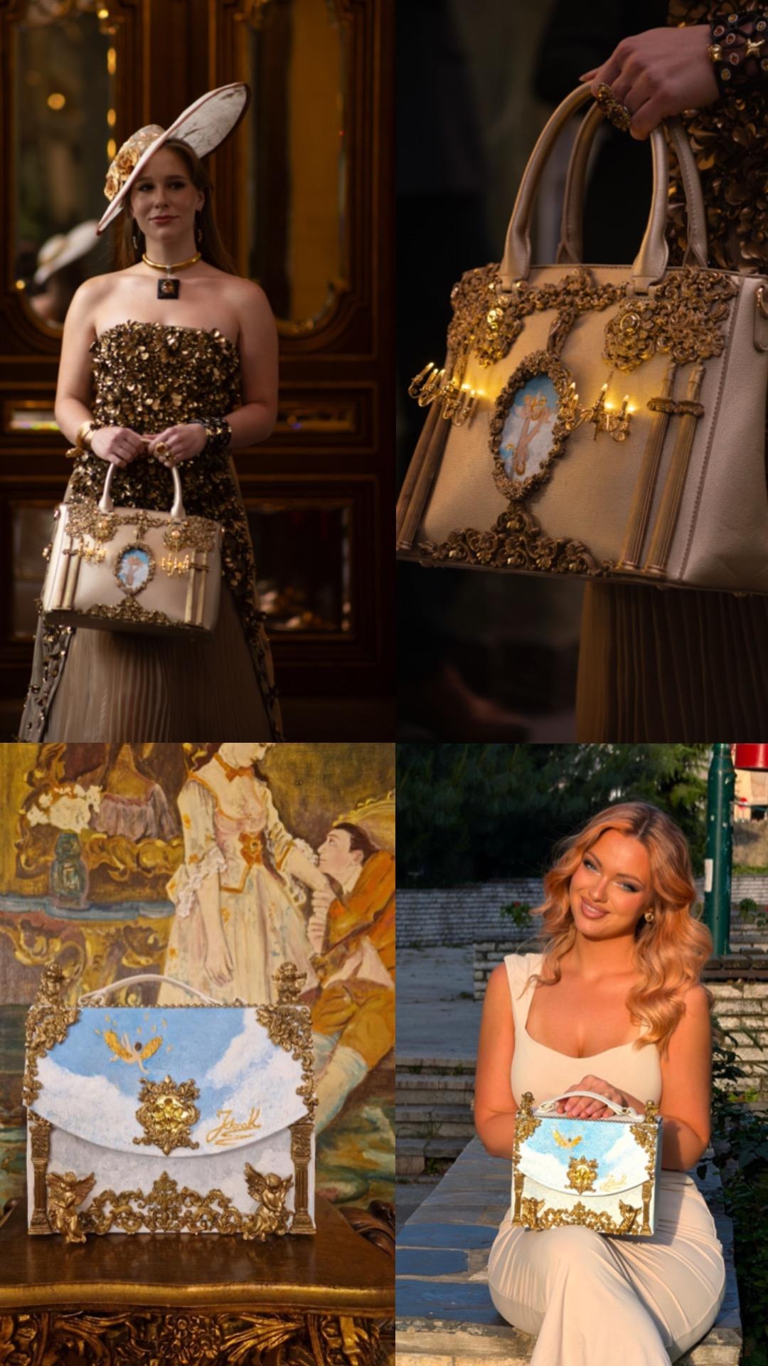 Collage showcasing Kulic’s ornate handcrafted handbags inspired by opera house architecture, displayed with fashion models and artistic settings.