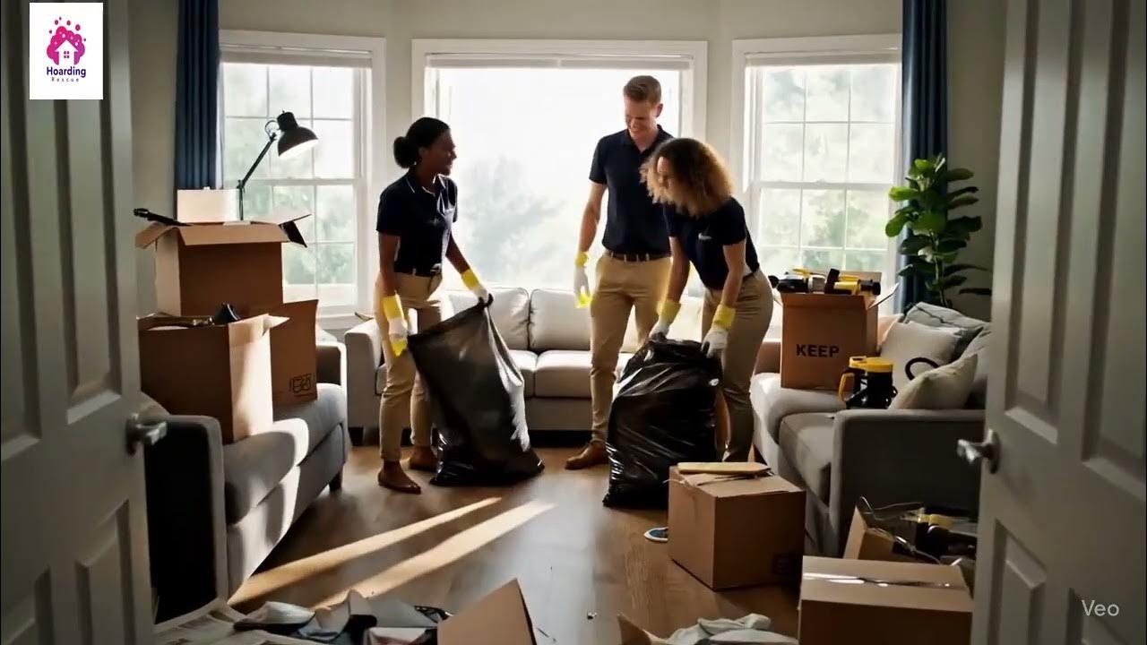 Cleanup team removing clutter, boxes, and trash bags from a home during a Hoarding Rescue restoration project.