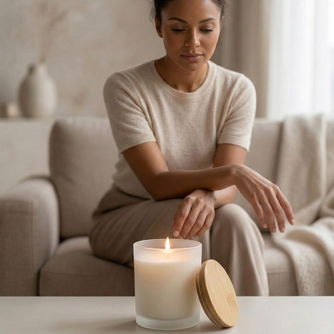 Woman relaxing on a sofa beside a lit candle in a calm, neutral-toned room.