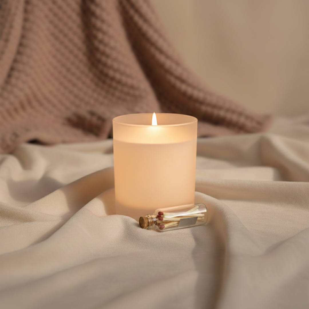 Lit frosted candle on cream fabric beside a small glass bottle of matches.