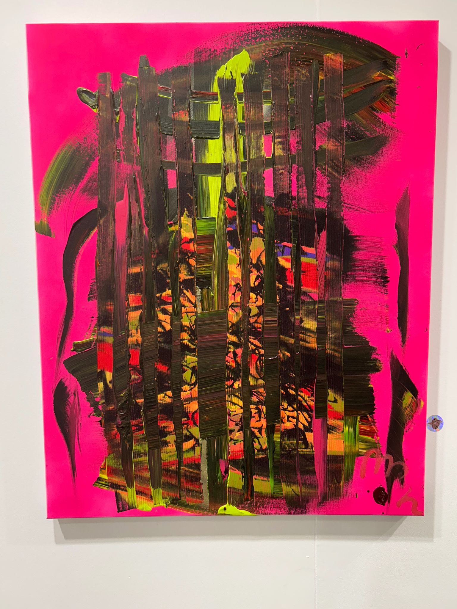Neon pink abstract quantum painting with layered brushstrokes and luminous fluorescent details.