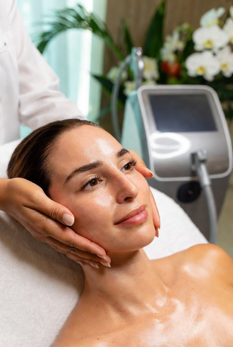 Woman receiving physician-supervised facial wellness treatment at Quantum Biohack Cancun.