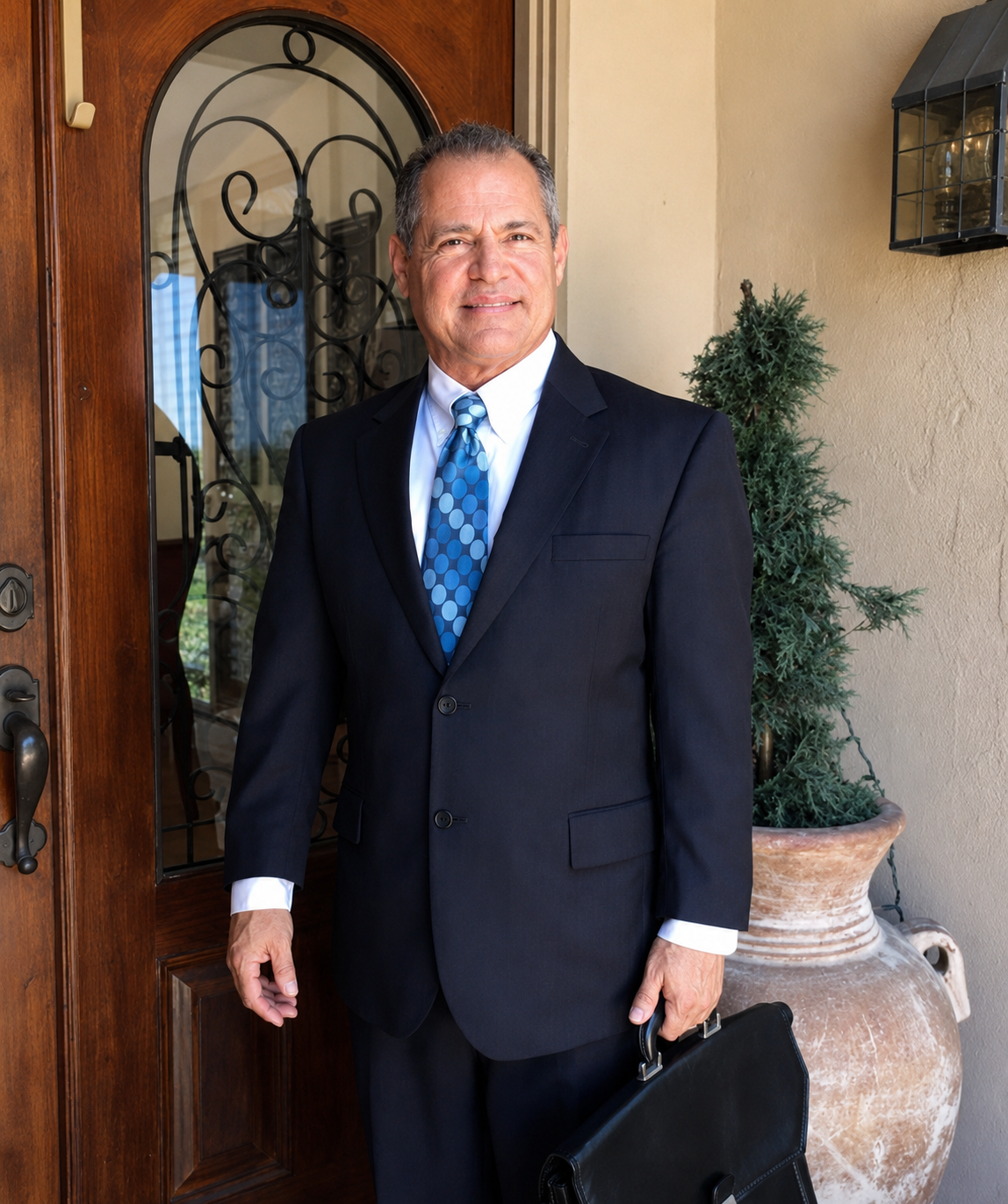 Attorney in navy suit holding briefcase, standing at a residential entrance beside a large planter.