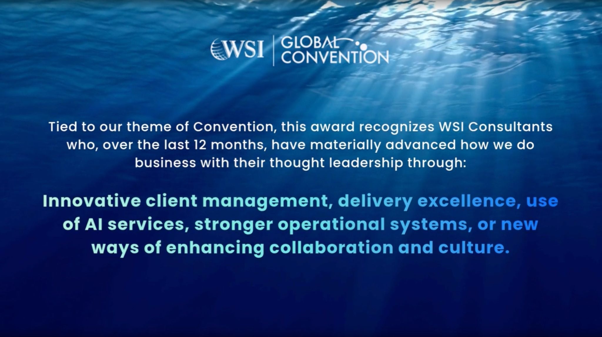 WSI Global Convention slide describing the Waves of Innovation Award criteria, including AI adoption and operational excellence.