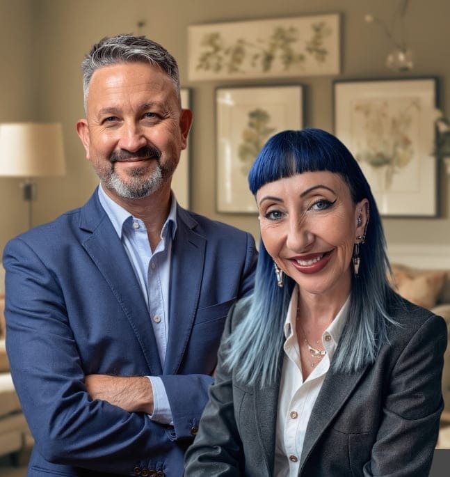 Robert Holmes-Chapman and co-founder Nicola posing together in a professional office setting.