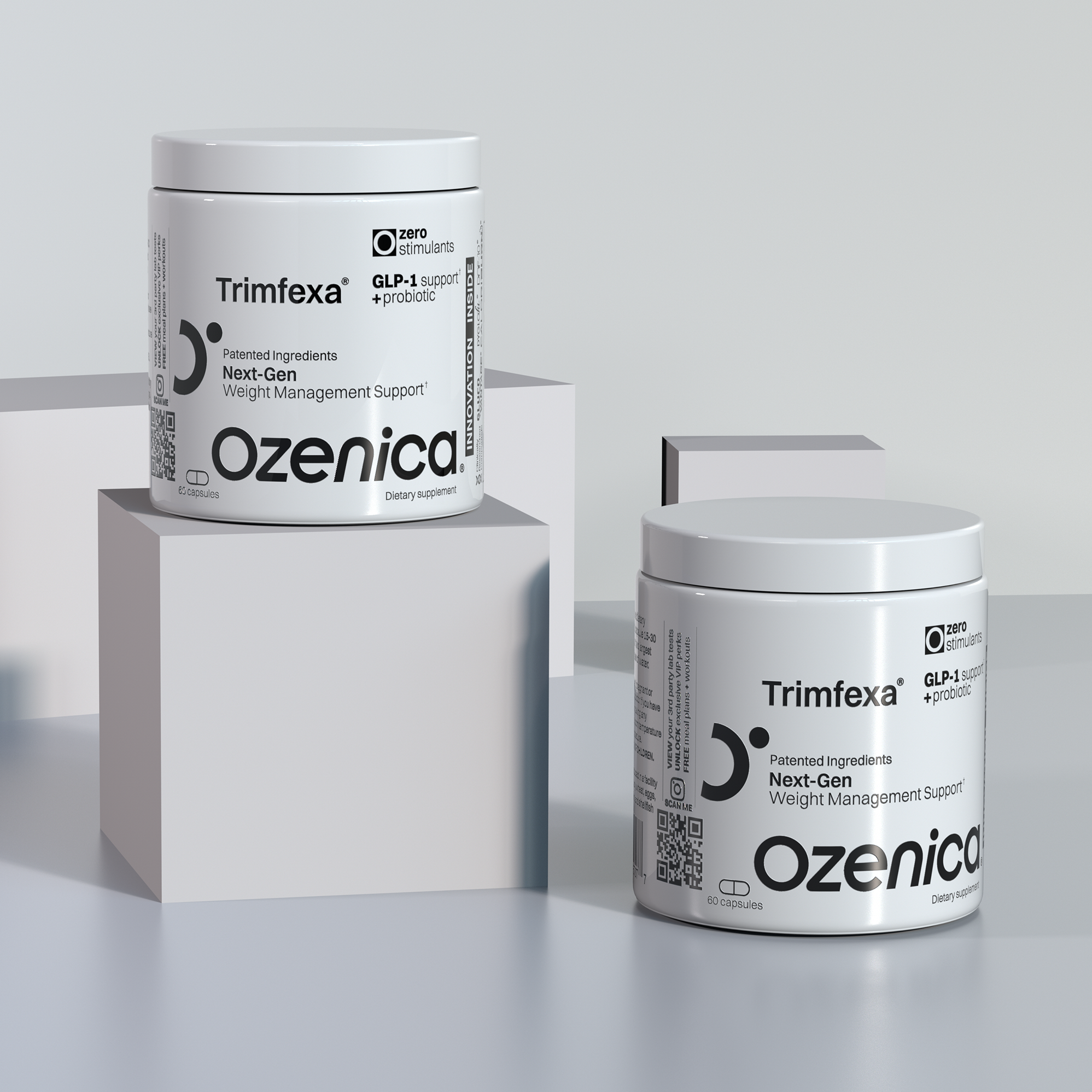 Two Ozenica supplement containers showcased on minimalist display blocks with a clean background.