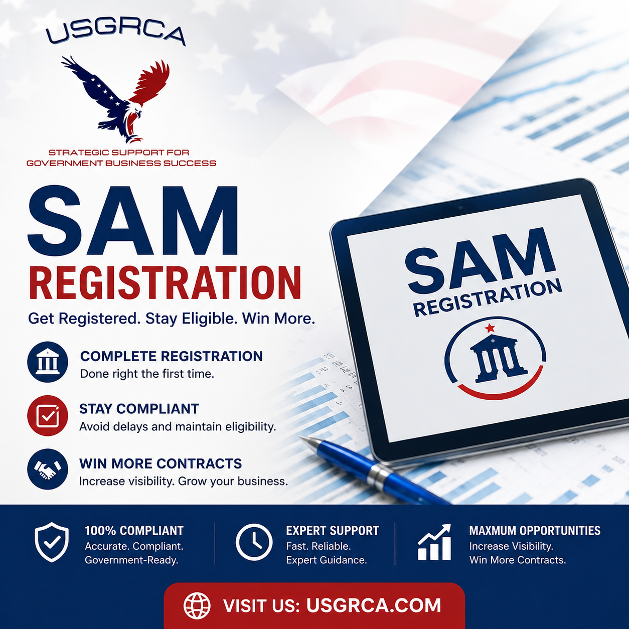 USGRCA SAM Registration promotional graphic highlighting compliance, support, and government contracting opportunities.