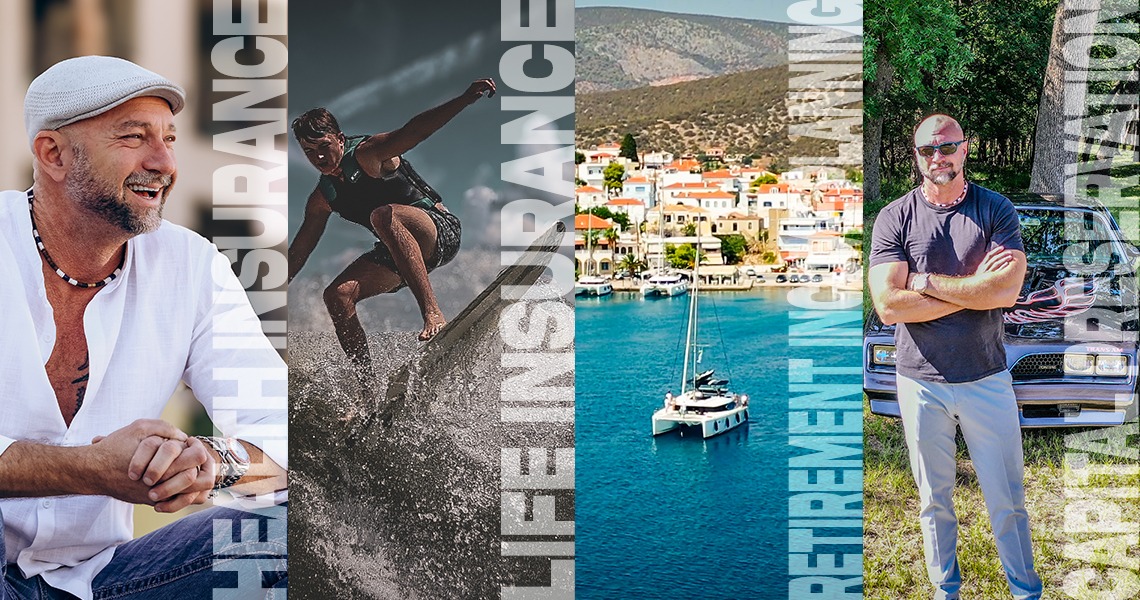 Collage featuring Perry Lunsford’s lifestyle, travel, and outdoor scenes representing the Healthy Insurance Dude brand.