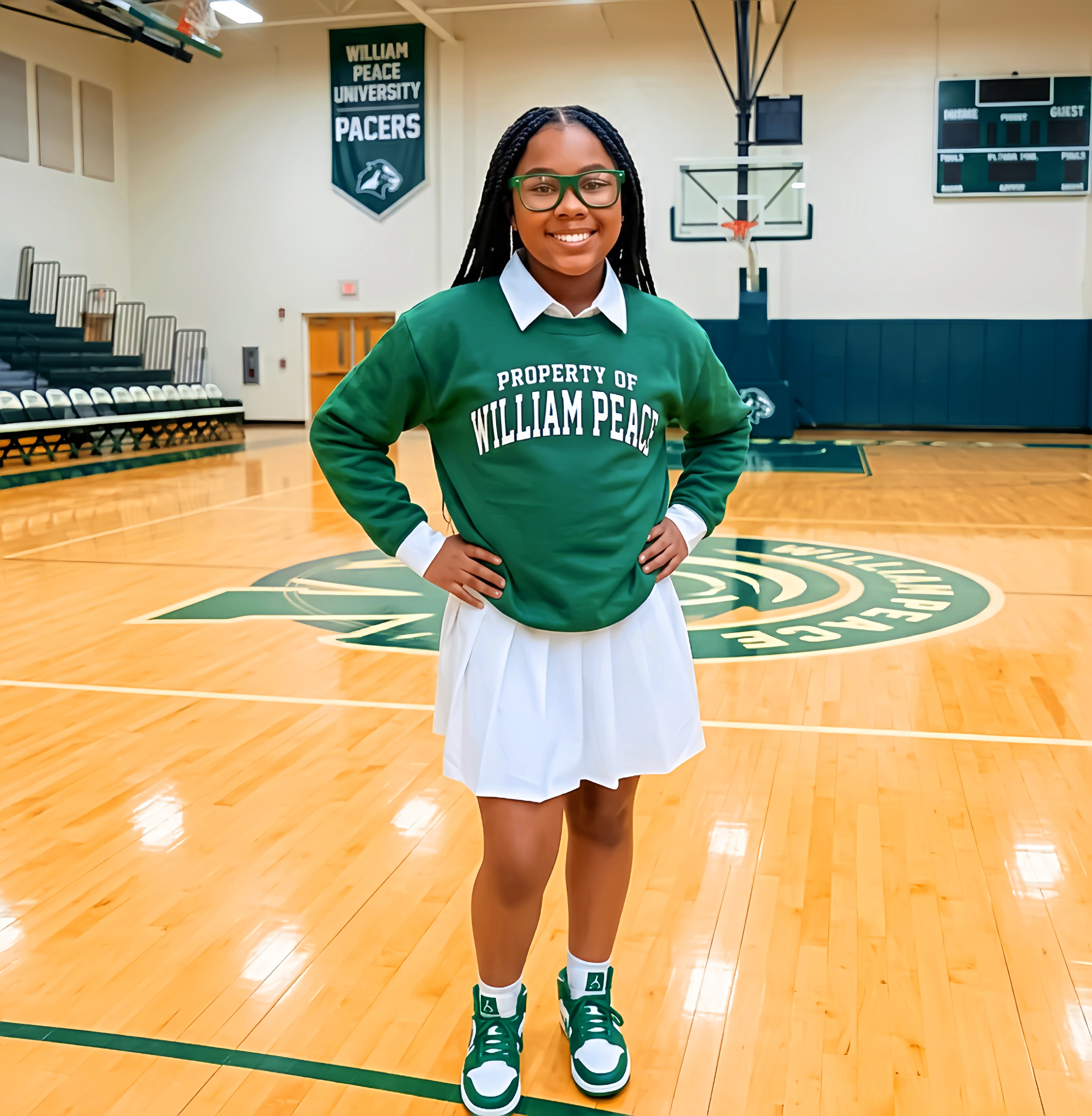 Geordyn Elliott stands confidently in a William Peace University gym wearing school colors and a cheer-style outfit.