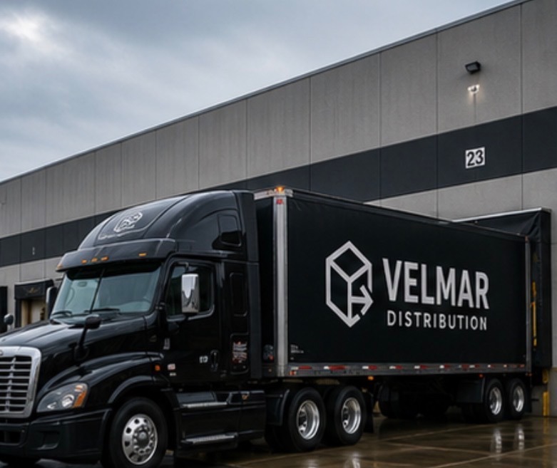 Velmar Distribution semi-truck backed into warehouse loading dock outside distribution facility.