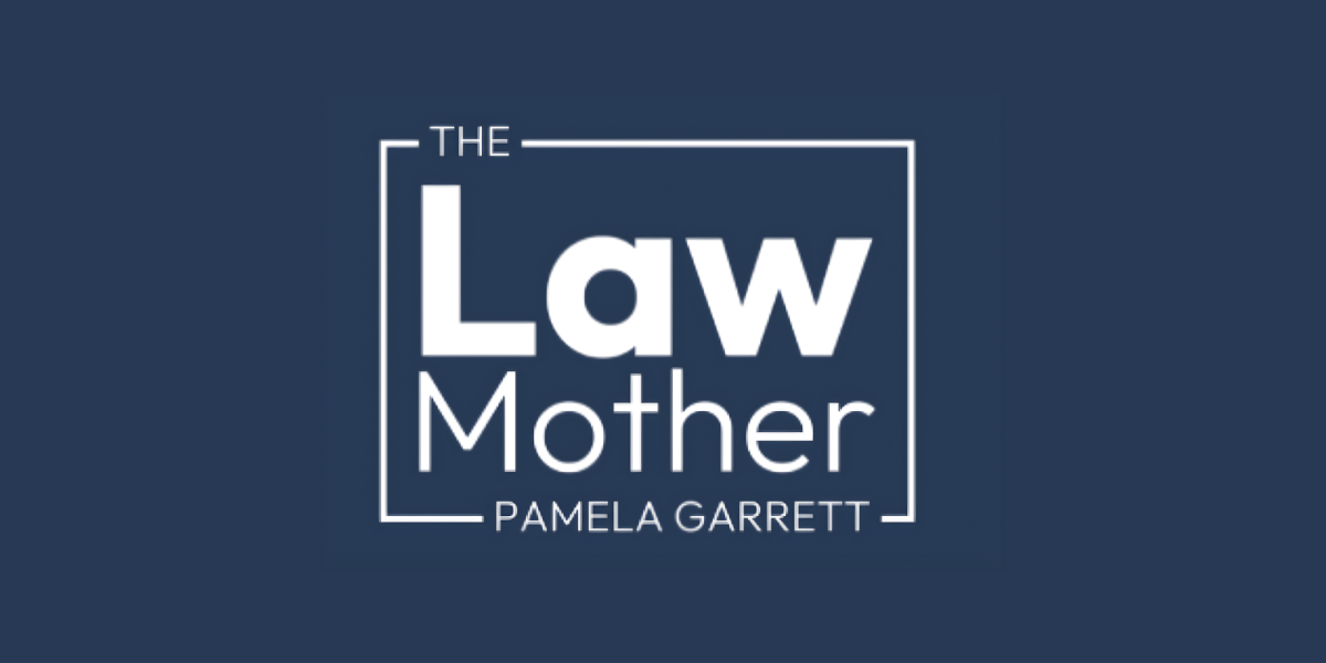 The Law Mother logo by Pamela Garrett on a blue background.